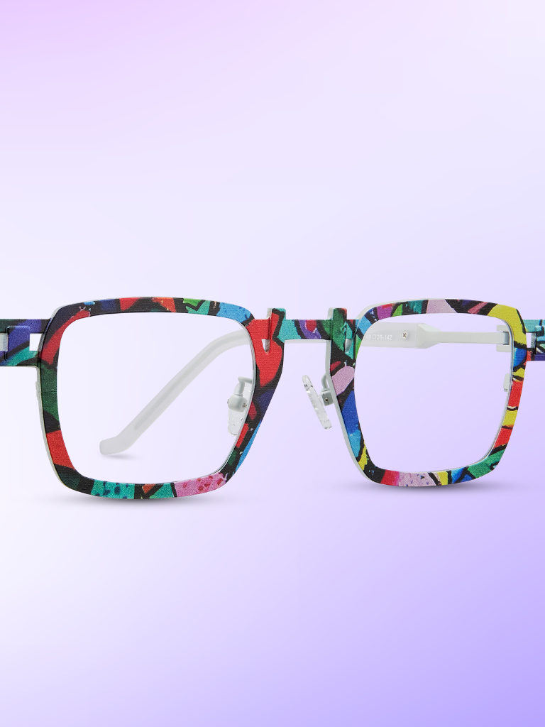 Square eyeglasses with a colorful, abstract patterned frame and clear lenses, displayed on a light purple gradient background.