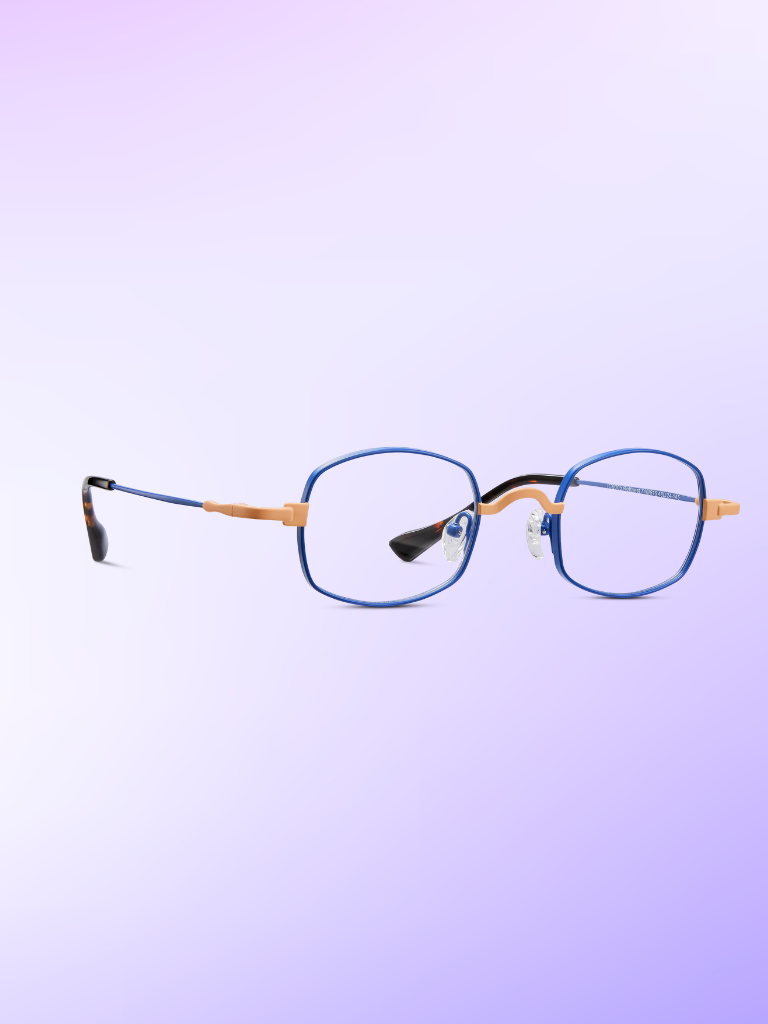 Blue square eyeglasses with thin metal frames and gold accents, displayed on a light purple gradient background.