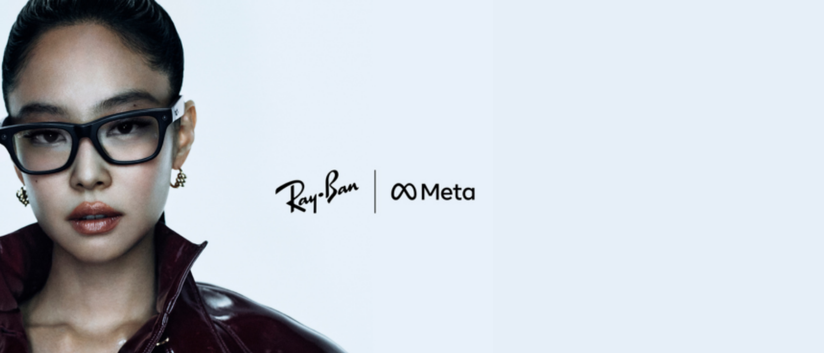 A woman in dark glasses and a maroon jacket poses against a light background, next to the Ray-Ban and Meta logos.