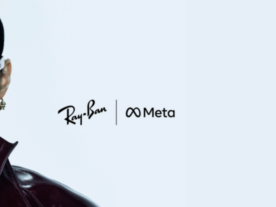 A woman in dark glasses and a maroon jacket poses against a light background, next to the Ray-Ban and Meta logos.